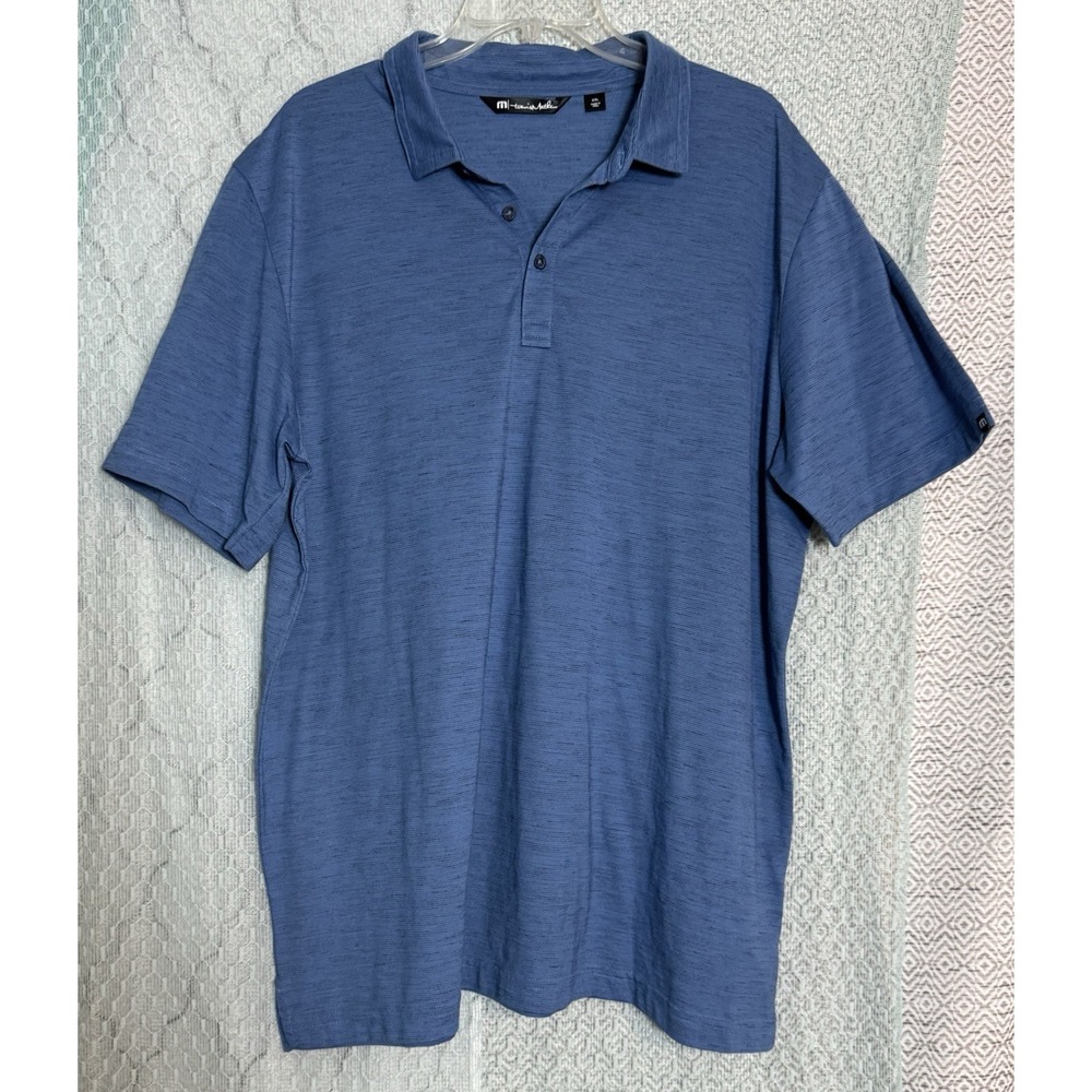 Travis Mathew Performance Light Blue Polo Heathered Space-dye Black Stripes XXL